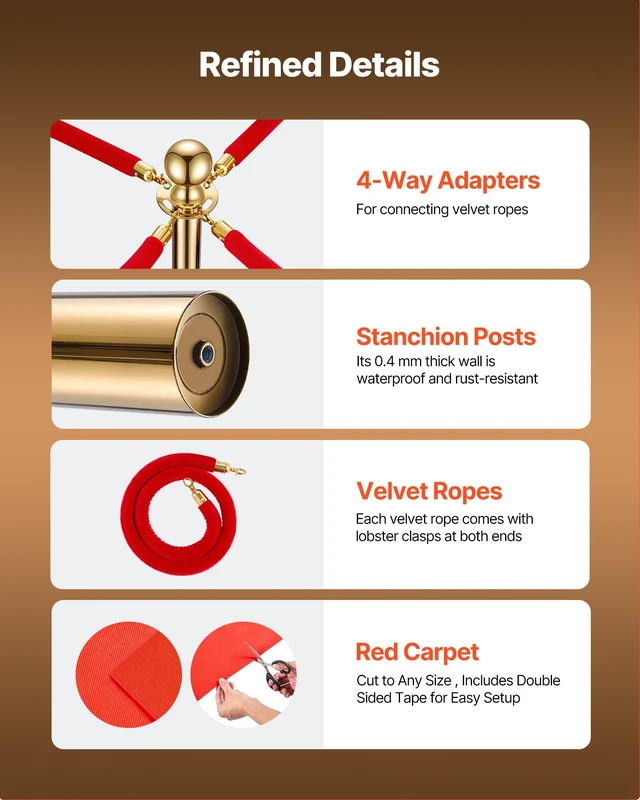 Alt view image 4 of 8 - VEVOR Stanchion Post, 8 Pcs Crowd Control Barrier Set with Red Carpet, 6 Red Velvet Ropes, Stainless Steel Gold Stanchion Post Queue with Hollow Base for Theater, Party, Wedding, Exhibition (Gold)