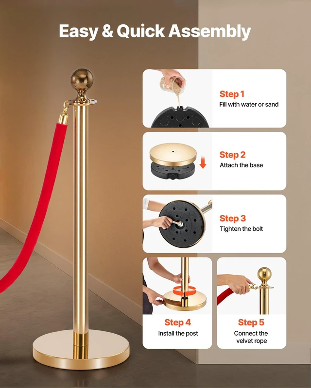 Alt view image 5 of 8 - VEVOR Stanchion Post, 8 Pcs Crowd Control Barrier Set with Red Carpet, 6 Red Velvet Ropes, Stainless Steel Gold Stanchion Post Queue with Hollow Base for Theater, Party, Wedding, Exhibition (Gold)