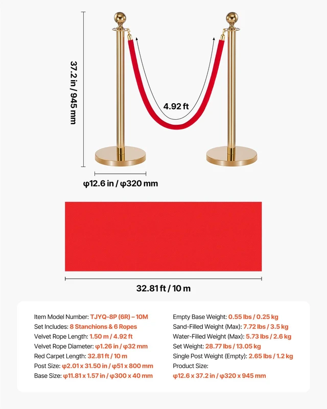 Alt view image 7 of 8 - VEVOR Stanchion Post, 8 Pcs Crowd Control Barrier Set with Red Carpet, 6 Red Velvet Ropes, Stainless Steel Gold Stanchion Post Queue with Hollow Base for Theater, Party, Wedding, Exhibition (Gold)