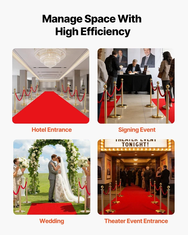 Alt view image 6 of 8 - VEVOR Stanchion Post, 8 Pcs Crowd Control Barrier Set with Red Carpet, 6 Red Velvet Ropes, Stainless Steel Gold Stanchion Post Queue with Hollow Base for Theater, Party, Wedding, Exhibition (Gold)