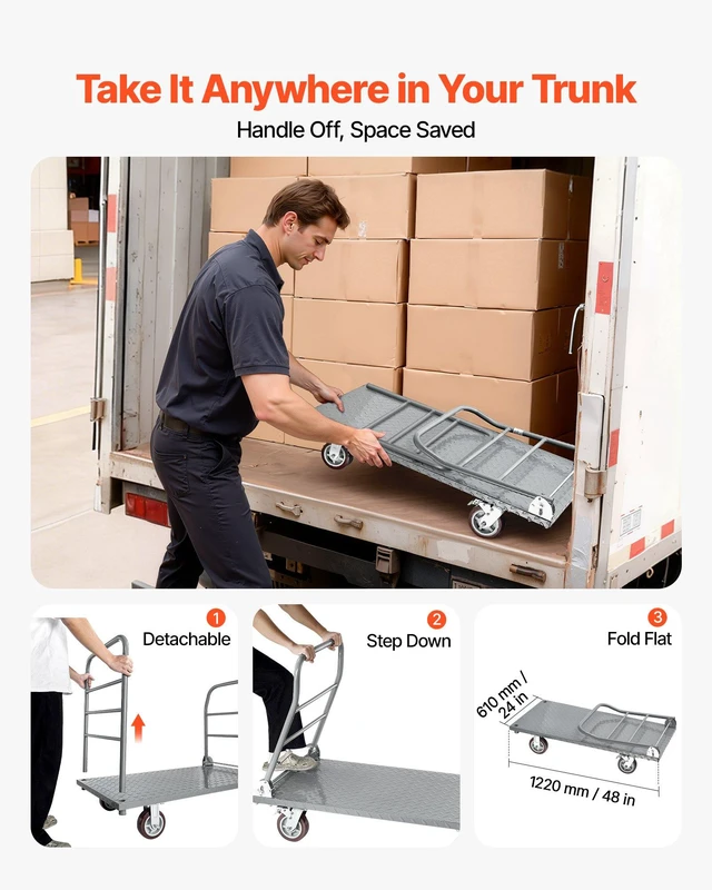 Alt view image 5 of 8 - VEVOR Platform Truck, 2650 lbs Capacity, Heavy Duty Flatbed Cart Dolly with Detachable Guardrail and Swivel Wheels, Foldable Hand Push Truck Cart, for Groceries, Garage, Warehouse, 48 x 24 x 36.2 in