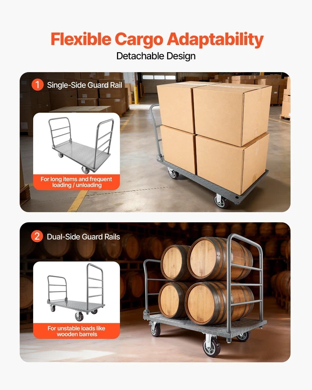 Alt view image 4 of 8 - VEVOR Platform Truck, 2650 lbs Capacity, Heavy Duty Flatbed Cart Dolly with Detachable Guardrail and Swivel Wheels, Foldable Hand Push Truck Cart, for Groceries, Garage, Warehouse, 48 x 24 x 36.2 in