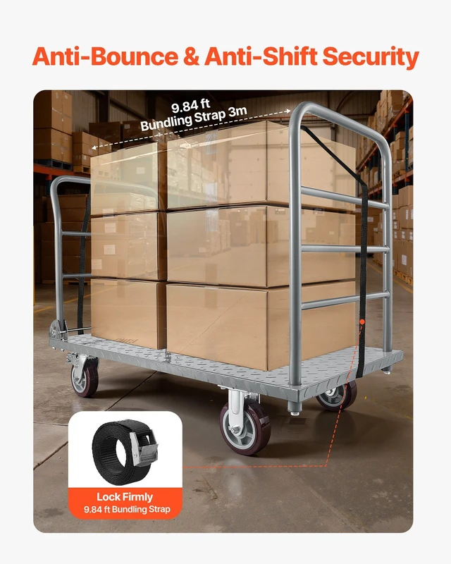Alt view image 6 of 8 - VEVOR Platform Truck, 2650 lbs Capacity, Heavy Duty Flatbed Cart Dolly with Detachable Guardrail and Swivel Wheels, Foldable Hand Push Truck Cart, for Groceries, Garage, Warehouse, 48 x 24 x 36.2 in