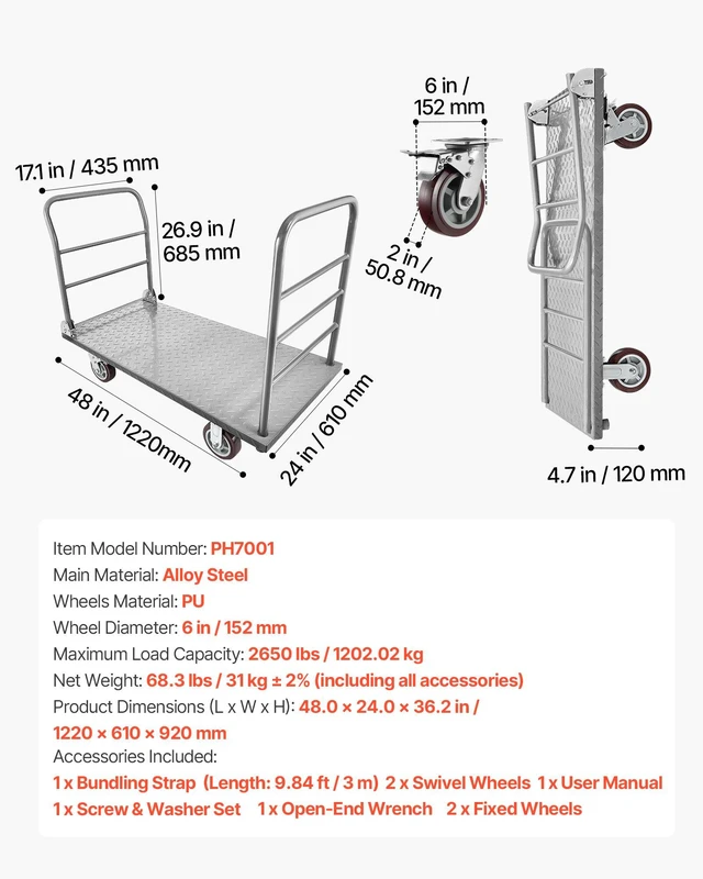 Alt view image 7 of 8 - VEVOR Platform Truck, 2650 lbs Capacity, Heavy Duty Flatbed Cart Dolly with Detachable Guardrail and Swivel Wheels, Foldable Hand Push Truck Cart, for Groceries, Garage, Warehouse, 48 x 24 x 36.2 in