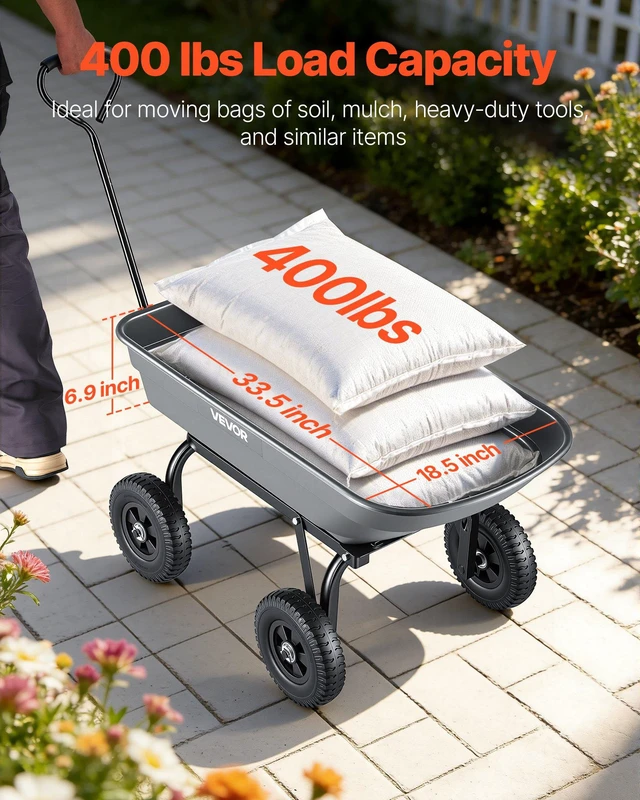 Alt view image 2 of 8 - VEVOR Garden Dump Cart, 400 lbs Poly Dump Cart, Garden Carts Dumps Wagon with 90° Quick-Dumps Mechanism, 180° Swivel Wheels, 270° Flexible Rotating Bearings, Yard Wagon for Plants, Soil, Crops