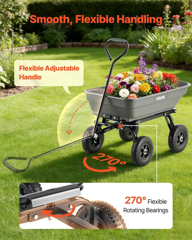 Alt view image 5 of 8 - VEVOR Garden Dump Cart, 400 lbs Poly Dump Cart, Garden Carts Dumps Wagon with 90° Quick-Dumps Mechanism, 180° Swivel Wheels, 270° Flexible Rotating Bearings, Yard Wagon for Plants, Soil, Crops