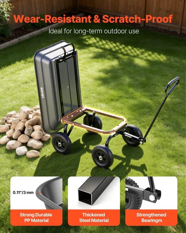 Alt view image 6 of 8 - VEVOR Garden Dump Cart, 400 lbs Poly Dump Cart, Garden Carts Dumps Wagon with 90° Quick-Dumps Mechanism, 180° Swivel Wheels, 270° Flexible Rotating Bearings, Yard Wagon for Plants, Soil, Crops