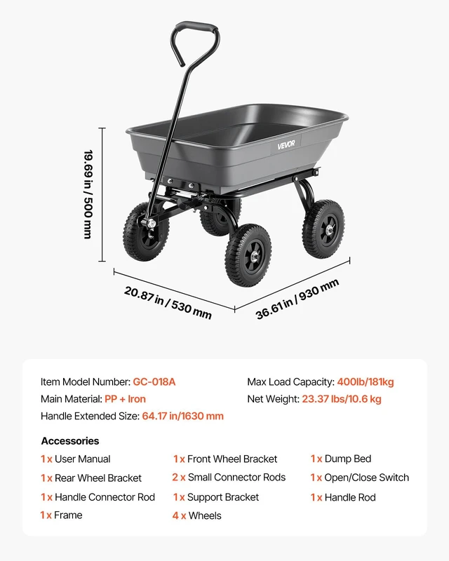 Alt view image 7 of 8 - VEVOR Garden Dump Cart, 400 lbs Poly Dump Cart, Garden Carts Dumps Wagon with 90° Quick-Dumps Mechanism, 180° Swivel Wheels, 270° Flexible Rotating Bearings, Yard Wagon for Plants, Soil, Crops