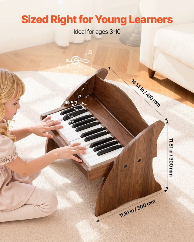 Alt view image 3 of 8 - VEVOR Kids Piano Keyboard, 25 Keys Wooden Digital Piano for Kids, Mini Music Educational Instrument Toy with Realistic Sound, Dual Power, Adjustable Volume for Toddlers, Boys Girls Learning, Walnut