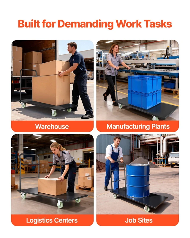 Alt view image 6 of 8 - VEVOR Heavy Duty Platform Truck, 2000 lbs Capacity, Industrial Steel Flatbed Cart with Swivel Wheels and Handle, Platform Hand Push Truck Dolly, Easy Storage, for Luggage Moving, 60 x 27.6 x 42.9 in