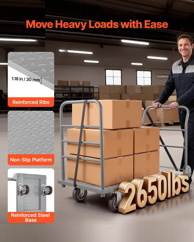 Alt view image 2 of 8 - VEVOR Platform Truck, 2650 lbs Capacity, Heavy Duty Flatbed Cart Dolly with Detachable Guardrail and Swivel Wheels, Foldable Hand Push Truck Cart, for Groceries, Garage, Warehouse, 48 x 24 x 36.2 in
