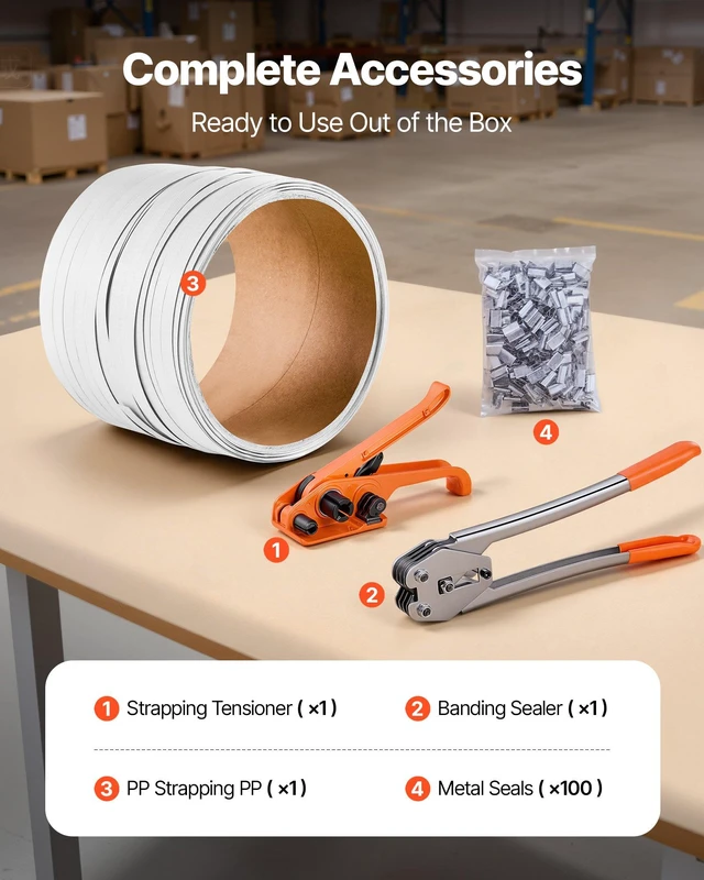 Alt view image 2 of 8 - VEVOR Banding Strapping Kit, Heavy Duty Banding Sealer Tool with 330 ft Length PP Band, 100 Metal Seals, Plastic Manual Pallet Packaging Strapping Kit for Warehouse/Shipping/Moving/Home, Orange