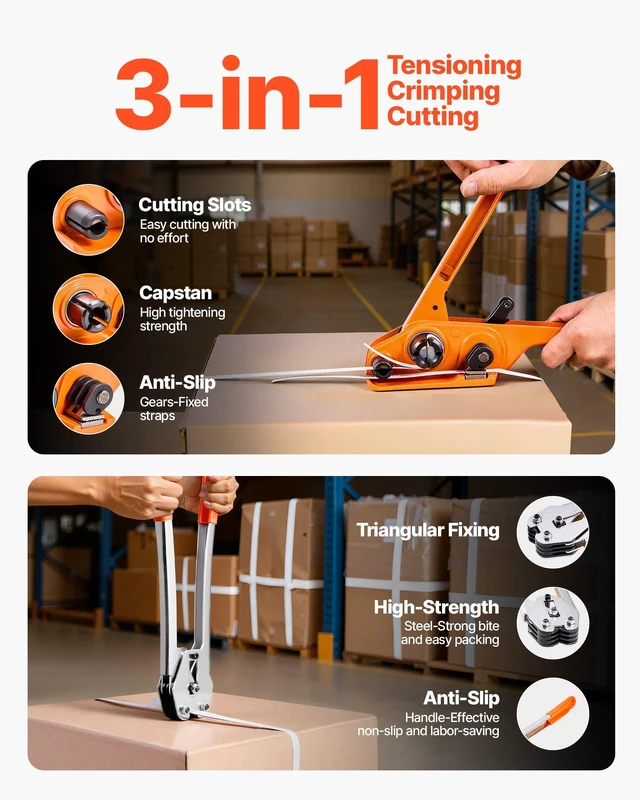 Alt view image 4 of 8 - VEVOR Banding Strapping Kit, Heavy Duty Banding Sealer Tool with 330 ft Length PP Band, 100 Metal Seals, Plastic Manual Pallet Packaging Strapping Kit for Warehouse/Shipping/Moving/Home, Orange