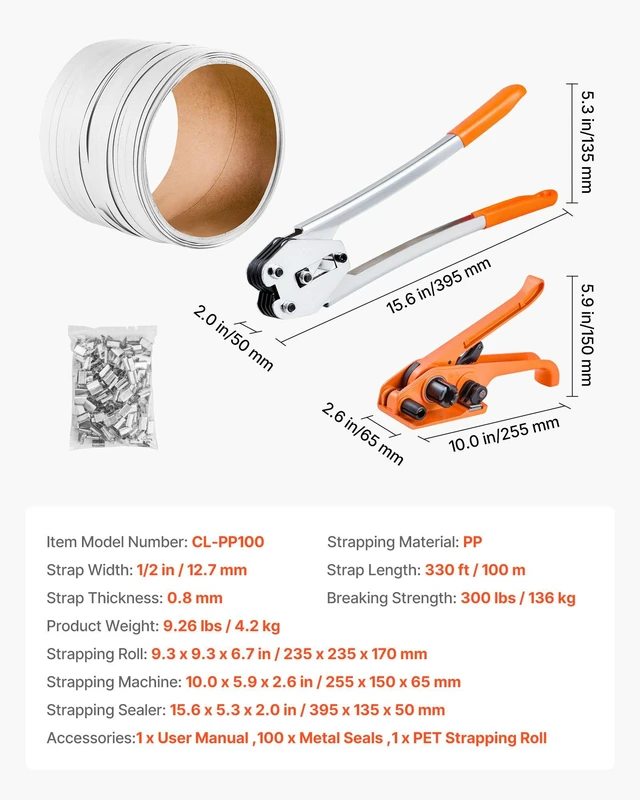Alt view image 7 of 8 - VEVOR Banding Strapping Kit, Heavy Duty Banding Sealer Tool with 330 ft Length PP Band, 100 Metal Seals, Plastic Manual Pallet Packaging Strapping Kit for Warehouse/Shipping/Moving/Home, Orange
