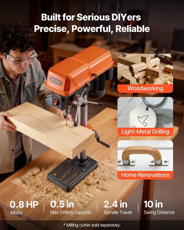 Alt view image 2 of 8 - VEVOR 10-Inch Benchtop Drill Press, 5 Amp, 0.8 HP 600W Bench Drill Press, 530-3140 RPM Variable Speed, 0-45° Tilting Worktable, with Laser and LED Work Light, Tabletop Drilling Machine, for Wood Metal