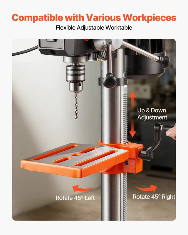 Alt view image 7 of 8 - VEVOR 10-Inch Benchtop Drill Press, 5 Amp, 0.8 HP 600W Bench Drill Press, 530-3140 RPM Variable Speed, 0-45° Tilting Worktable, with Laser and LED Work Light, Tabletop Drilling Machine, for Wood Metal