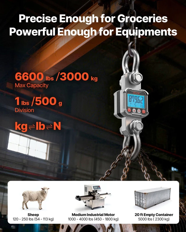 Alt view image 2 of 8 - VEVOR Digital Crane Scale, 6600 lbs/3000 kg Max Capacity, Heavy Duty Industrial Hanging Scale with Cast Aluminum Case & LCD Display, 1 lbs Division & 3 Unit Switch, Remote Control for Garage Factory