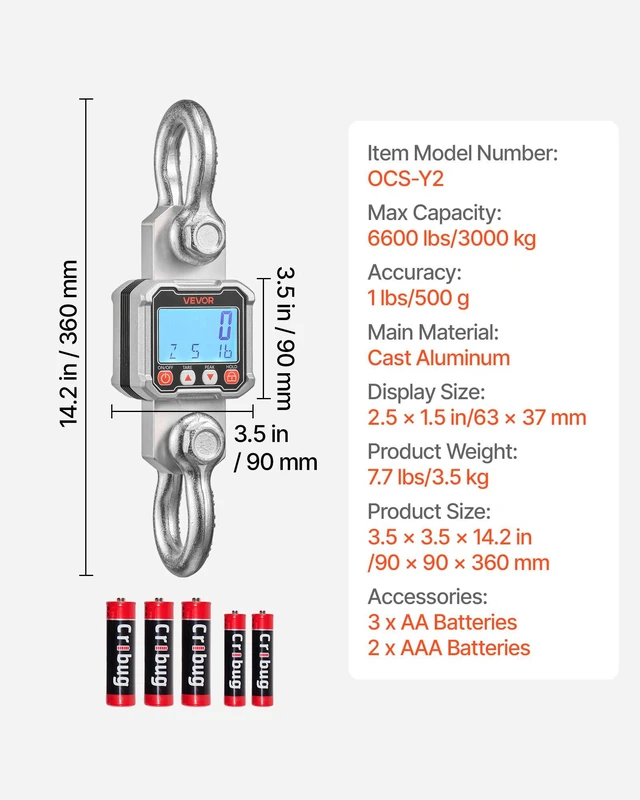 Alt view image 7 of 8 - VEVOR Digital Crane Scale, 6600 lbs/3000 kg Max Capacity, Heavy Duty Industrial Hanging Scale with Cast Aluminum Case & LCD Display, 1 lbs Division & 3 Unit Switch, Remote Control for Garage Factory