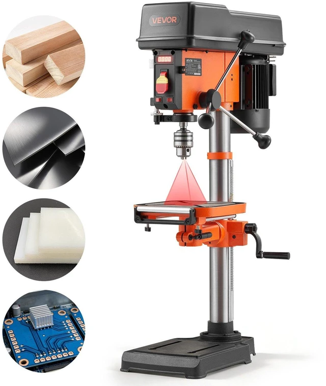 Main image of VEVOR 12-Inch Benchtop Drill Press, 6.2 Amp, 1 HP Bench Drill Press, 530 to 3140 RPM Variable Speed, 0-45° Tilting Worktable, with Laser and LED Work Light, Tabletop Drilling Machine, for Wood Metal