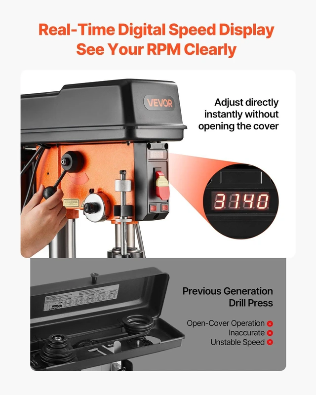Alt view image 3 of 8 - VEVOR 12-Inch Benchtop Drill Press, 6.2 Amp, 1 HP Bench Drill Press, 530 to 3140 RPM Variable Speed, 0-45° Tilting Worktable, with Laser and LED Work Light, Tabletop Drilling Machine, for Wood Metal