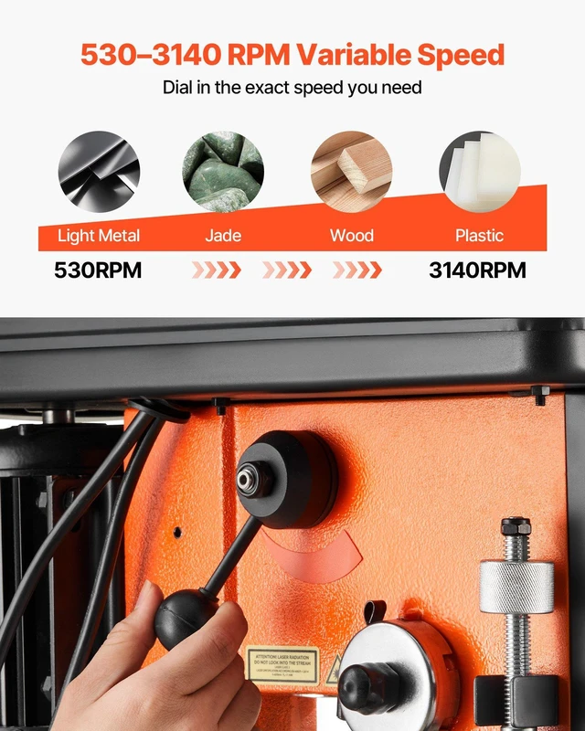 Alt view image 4 of 8 - VEVOR 12-Inch Benchtop Drill Press, 6.2 Amp, 1 HP Bench Drill Press, 530 to 3140 RPM Variable Speed, 0-45° Tilting Worktable, with Laser and LED Work Light, Tabletop Drilling Machine, for Wood Metal