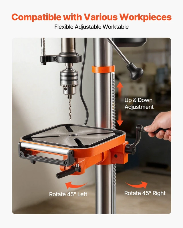 Alt view image 7 of 8 - VEVOR 12-Inch Benchtop Drill Press, 6.2 Amp, 1 HP Bench Drill Press, 530 to 3140 RPM Variable Speed, 0-45° Tilting Worktable, with Laser and LED Work Light, Tabletop Drilling Machine, for Wood Metal