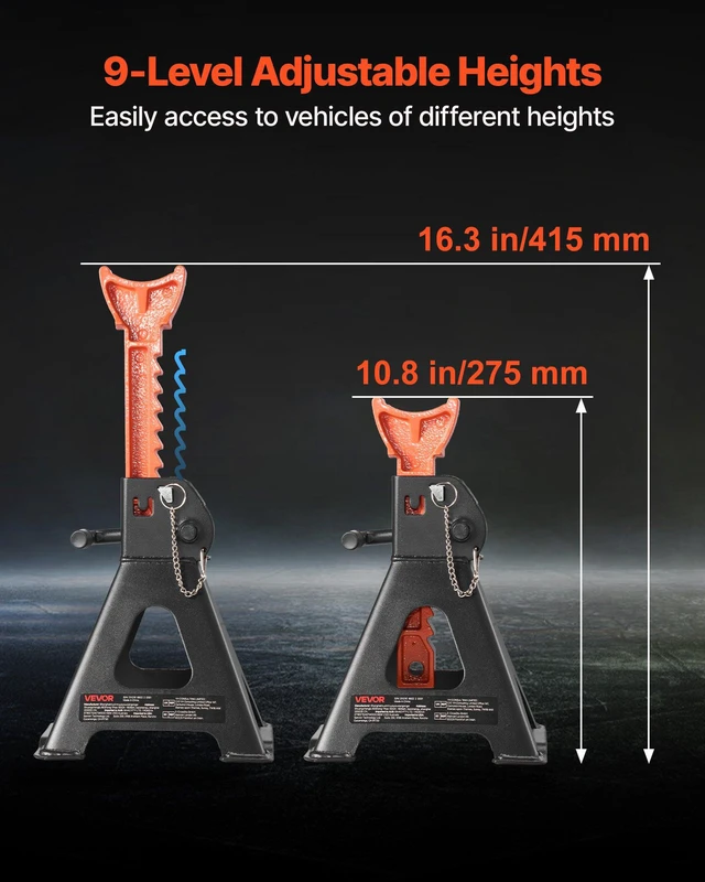 Alt view image 5 of 8 - VEVOR Jack Stands, 3 Ton (6,600 lbs) Capacity, 10.8-16.3 in Adjustable Height, Heavy Duty Steel Jack Auto Stands with Double Locking, for Lifting SUV, Pickup, Car, UTV/ATV, 1 Pair, Black and Orange
