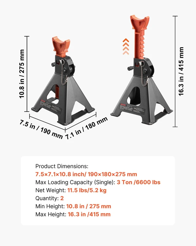 Alt view image 7 of 8 - VEVOR Jack Stands, 3 Ton (6,600 lbs) Capacity, 10.8-16.3 in Adjustable Height, Heavy Duty Steel Jack Auto Stands with Double Locking, for Lifting SUV, Pickup, Car, UTV/ATV, 1 Pair, Black and Orange