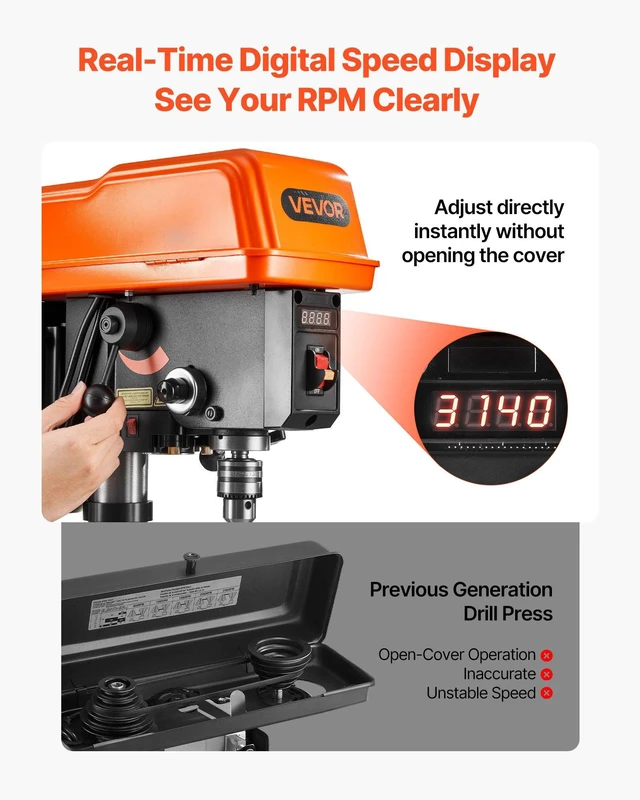Alt view image 3 of 8 - VEVOR 10-Inch Benchtop Drill Press, 5 Amp, 0.8 HP 600W Bench Drill Press, 530-3140 RPM Variable Speed, 0-45° Tilting Worktable, with Laser and LED Work Light, Tabletop Drilling Machine, for Wood Metal