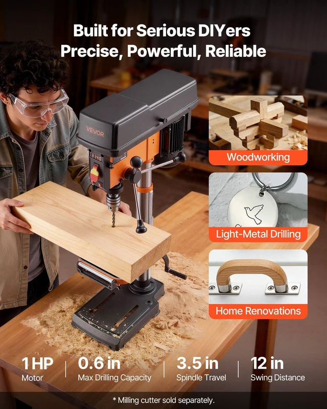 Alt view image 2 of 8 - VEVOR 12-Inch Benchtop Drill Press, 6.2 Amp, 1 HP Bench Drill Press, 530 to 3140 RPM Variable Speed, 0-45° Tilting Worktable, with Laser and LED Work Light, Tabletop Drilling Machine, for Wood Metal