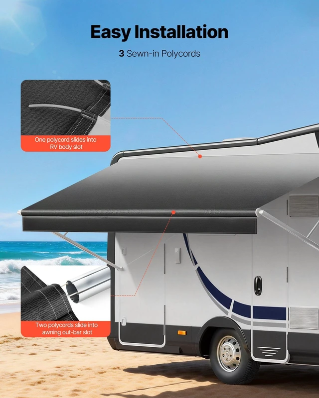 Alt view image 6 of 8 - VEVOR RV Awning Fabric Replacement, 15' (Fabric 14'2") 18 oz Heavy-Duty Weatherproof Vinyl Camper Awning Replacement, UPF50+ Protection Waterproof Outdoor Canopy for RV, Motorhome, Trailer, Black Fade