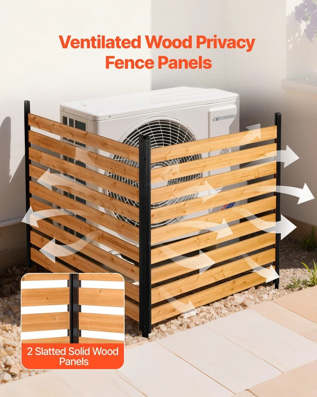 Alt view image 2 of 8 - VEVOR Wooden Privacy Fence, 48 x 49 x 28 inch Air Conditioner Fence, 2 Panel Solid Outdoor Wood Privacy Screen with Metal Stakes, Steel Frame, Trash Can Hider Fences Suitable for Garden, Pool