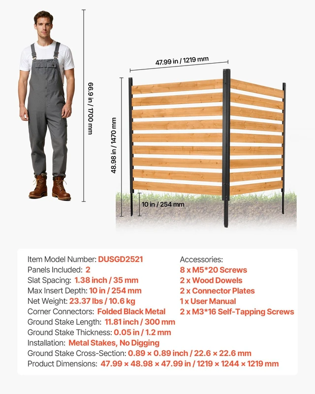 Alt view image 7 of 8 - VEVOR Wooden Privacy Fence, 48 x 49 x 28 inch Air Conditioner Fence, 2 Panel Solid Outdoor Wood Privacy Screen with Metal Stakes, Steel Frame, Trash Can Hider Fences Suitable for Garden, Pool