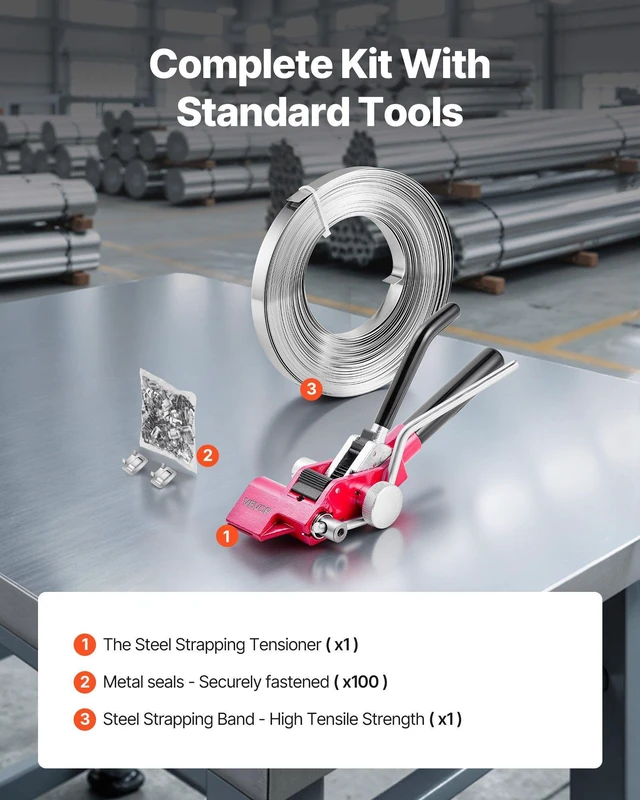 Alt view image 2 of 8 - VEVOR Steel Banding Strapping Kit, Heavy Duty Banding Sealer Tool with 100 ft Binding Straps, 100 Metal Clasps, Manual Pallet Packaging Strapping Kit for Warehouse, Transportation, Industrial Bundling