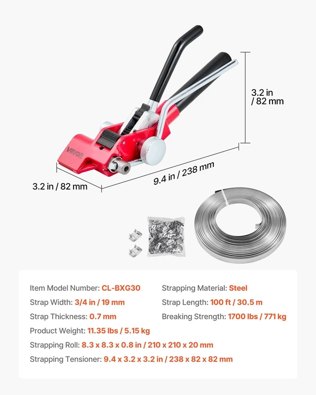Alt view image 7 of 8 - VEVOR Steel Banding Strapping Kit, Heavy Duty Banding Sealer Tool with 100 ft Binding Straps, 100 Metal Clasps, Manual Pallet Packaging Strapping Kit for Warehouse, Transportation, Industrial Bundling