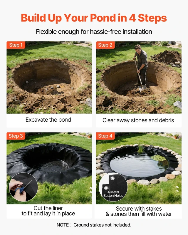 Alt view image 5 of 8 - VEVOR 20 x 20 ft Pond Liner, 14 Mil Thickness, 3-Layer Reinforced PE Fish Koi Pond Liner for Outdoor Ponds, with Hemmed Edge and 4 Metal Buttonholes, for Water Garden, Waterfall, and Fountains, Black