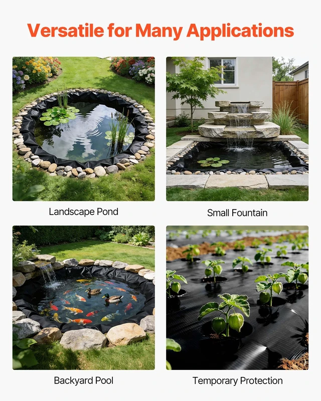 Alt view image 6 of 8 - VEVOR 20 x 20 ft Pond Liner, 14 Mil Thickness, 3-Layer Reinforced PE Fish Koi Pond Liner for Outdoor Ponds, with Hemmed Edge and 4 Metal Buttonholes, for Water Garden, Waterfall, and Fountains, Black