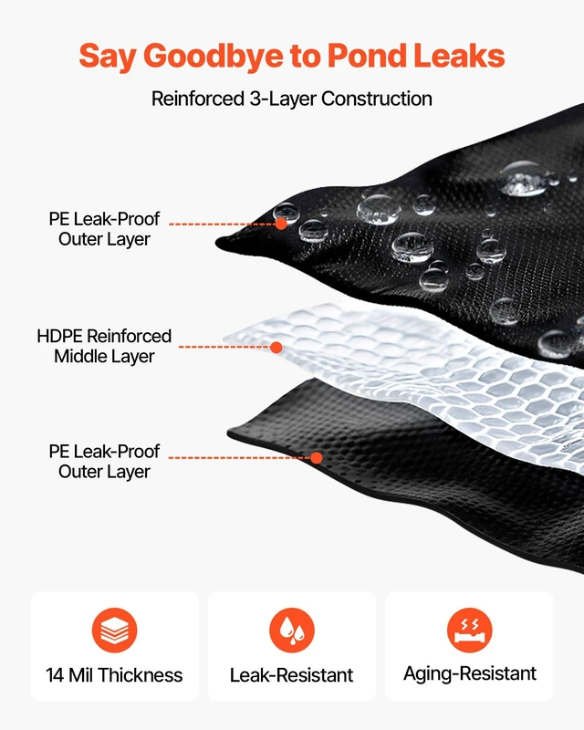 Alt view image 3 of 8 - VEVOR 15 x 20 ft Pond Liner, 14 Mil Thickness, 3-Layer Reinforced PE Fish Koi Pond Liner for Outdoor Ponds, with Hemmed Edge and 4 Metal Buttonholes, for Water Garden, Waterfall, and Fountains, Black