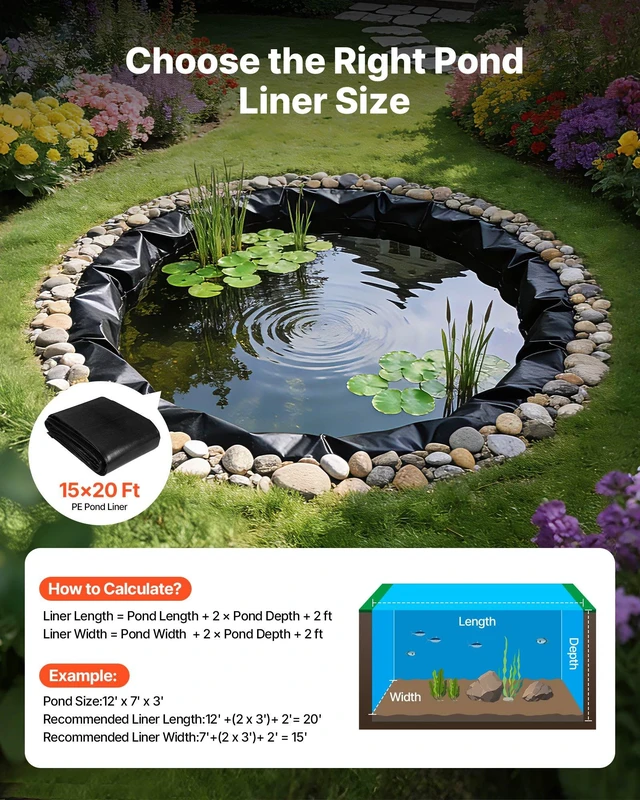 Alt view image 2 of 8 - VEVOR 15 x 20 ft Pond Liner, 14 Mil Thickness, 3-Layer Reinforced PE Fish Koi Pond Liner for Outdoor Ponds, with Hemmed Edge and 4 Metal Buttonholes, for Water Garden, Waterfall, and Fountains, Black