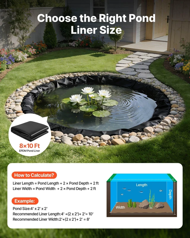 Alt view image 2 of 8 - VEVOR 8 x 10 ft Pond Liner, 45 Mil Thickness, EPDM Rubber Material Fish Pond Liner for Outdoor Ponds, Easy to Cut, Durable & Leakproof, for Water Garden, Waterfall, Fishpond, Koi, Fountains, Black