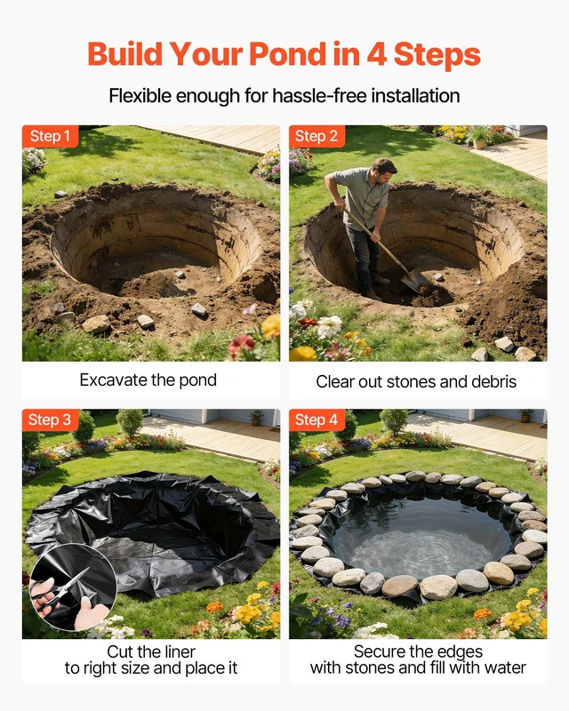 Alt view image 5 of 8 - VEVOR 8 x 10 ft Pond Liner, 45 Mil Thickness, EPDM Rubber Material Fish Pond Liner for Outdoor Ponds, Easy to Cut, Durable & Leakproof, for Water Garden, Waterfall, Fishpond, Koi, Fountains, Black