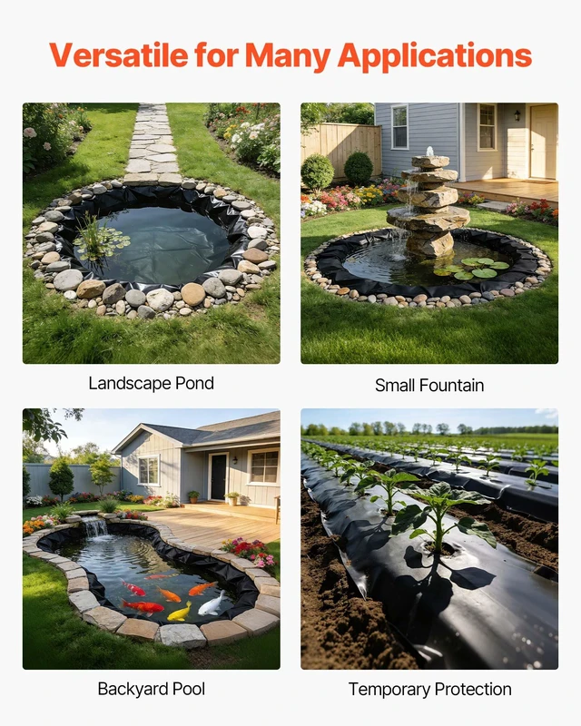 Alt view image 6 of 8 - VEVOR 8 x 10 ft Pond Liner, 45 Mil Thickness, EPDM Rubber Material Fish Pond Liner for Outdoor Ponds, Easy to Cut, Durable & Leakproof, for Water Garden, Waterfall, Fishpond, Koi, Fountains, Black