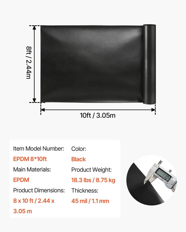 Alt view image 7 of 8 - VEVOR 8 x 10 ft Pond Liner, 45 Mil Thickness, EPDM Rubber Material Fish Pond Liner for Outdoor Ponds, Easy to Cut, Durable & Leakproof, for Water Garden, Waterfall, Fishpond, Koi, Fountains, Black