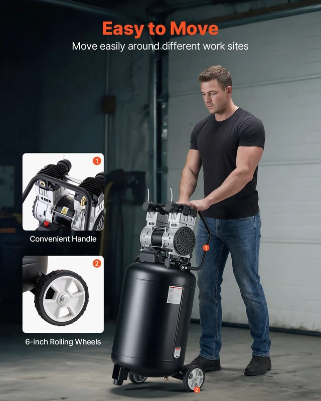 Alt view image 4 of 8 - VEVOR 20-Gallon Air Compressor, 2HP 4.5 SCFM at 90PSI, Max 125PSI Pressure Oil-Free Air Compressor Tank, Portable on Wheels for Auto Repair, Tire Inflation, Spray Painting, Woodwork Nailing, 120V