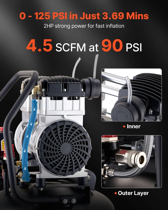 Alt view image 2 of 8 - VEVOR 20-Gallon Air Compressor, 2HP 4.5 SCFM at 90PSI, Max 125PSI Pressure Oil-Free Air Compressor Tank, Portable on Wheels for Auto Repair, Tire Inflation, Spray Painting, Woodwork Nailing, 120V