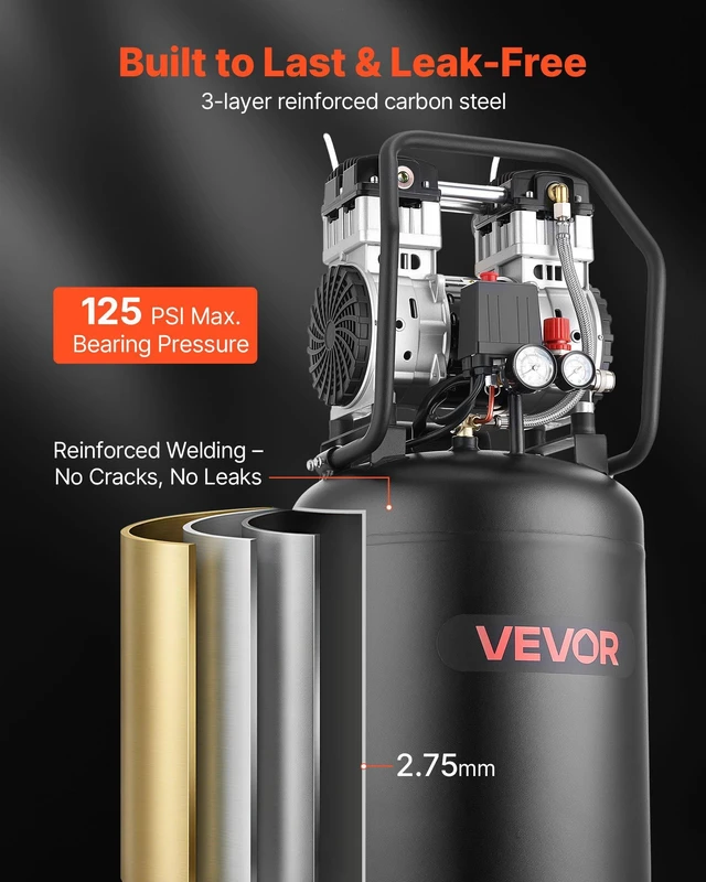 Alt view image 5 of 8 - VEVOR 20-Gallon Air Compressor, 2HP 4.5 SCFM at 90PSI, Max 125PSI Pressure Oil-Free Air Compressor Tank, Portable on Wheels for Auto Repair, Tire Inflation, Spray Painting, Woodwork Nailing, 120V