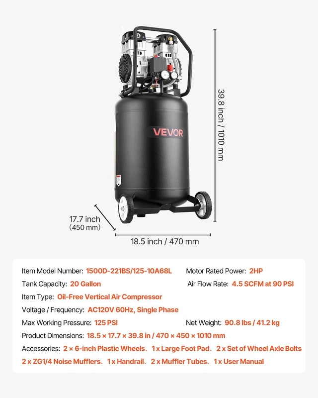 Alt view image 7 of 8 - VEVOR 20-Gallon Air Compressor, 2HP 4.5 SCFM at 90PSI, Max 125PSI Pressure Oil-Free Air Compressor Tank, Portable on Wheels for Auto Repair, Tire Inflation, Spray Painting, Woodwork Nailing, 120V