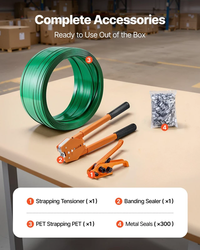 Alt view image 2 of 8 - VEVOR Banding Strapping Kit, Heavy Duty Banding Sealer Tool with 1000 ft Length PET Band, 300 Metal Seals, Plastic Manual Pallet Packaging Strapping Kit for Warehouse/Shipping/Moving/Home, Orange