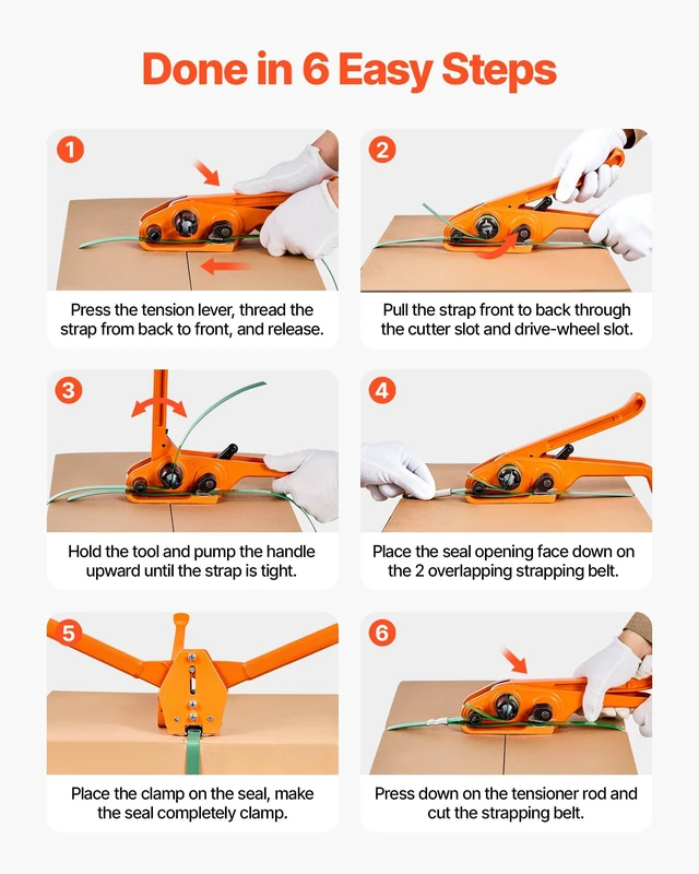Alt view image 3 of 8 - VEVOR Banding Strapping Kit, Heavy Duty Banding Sealer Tool with 1000 ft Length PET Band, 300 Metal Seals, Plastic Manual Pallet Packaging Strapping Kit for Warehouse/Shipping/Moving/Home, Orange