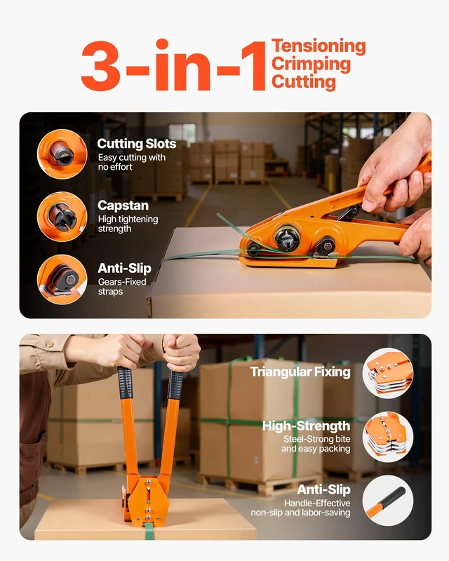 Alt view image 4 of 8 - VEVOR Banding Strapping Kit, Heavy Duty Banding Sealer Tool with 1000 ft Length PET Band, 300 Metal Seals, Plastic Manual Pallet Packaging Strapping Kit for Warehouse/Shipping/Moving/Home, Orange